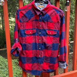 Jachs Girlfriend Bea red and blue plaid snap button down womens M cotton